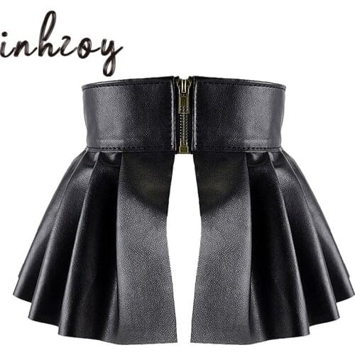 Womens Sexy Skirts Black Faux Leather Pleated Skirts Split A-Line Miniskirt for Parties Punk Gothic Rave Clubwear Waist Belts