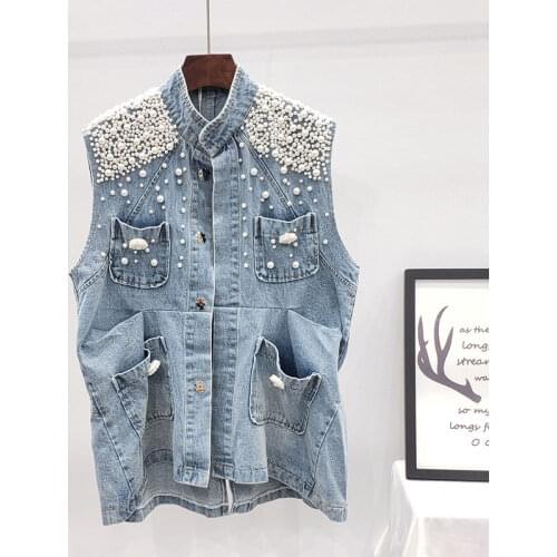 2021 Summer Harajuku Covered Button Loose Big Pocket Pearl Beading Blue Denim Vest Women Casaco Feminino Sleeveless Jeans Jacket