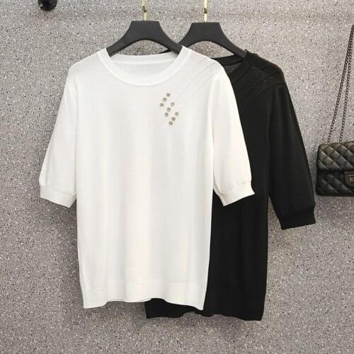 Chic Large size summer button women sweater 2021 short sleeve o neck loose casual kint Oversized female pullover jumper T-shirt