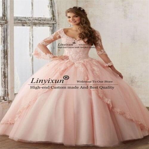 Pink Quinceanera Dresses Ball Gown Long Sleeve Prom Dresses Tulle Applique lace Sexy sweet 16 dress Custom vestido de 15 anos