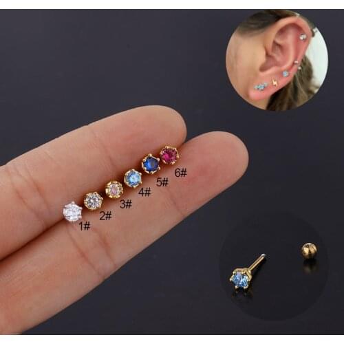 1 PCS Cute Mini Red Blue Zircon Round Ear Piercing Cartilage Stud Cuff Clip Simple Gold Color Steel Helix Bar Earring Jewelry