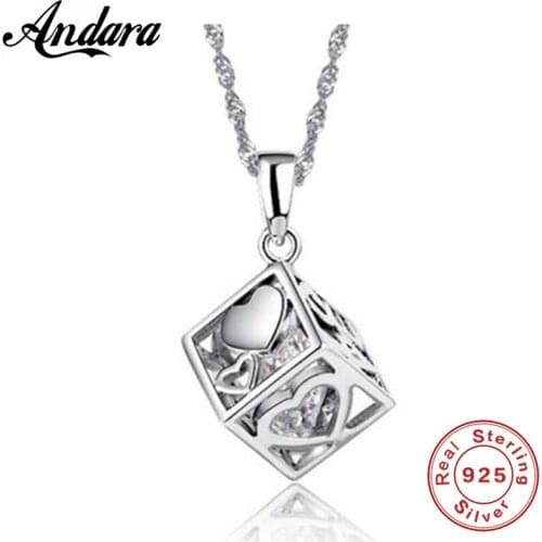 100% Silver 925 Jewelry Necklaces Zircon Love Cubes Pendants Women Necklaces Chain Length 45cm