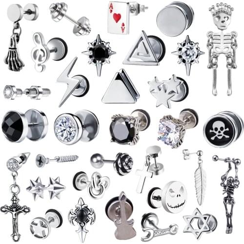 2021 Punk Stainless Surgical Steel Women Mens Stud Earrings Small Gothic Geometry Skeleton Rock Zircon Hip Hop Jewelry Earrings