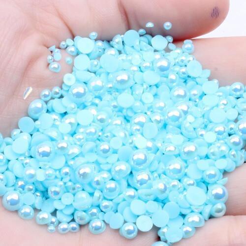 Aquamarine AB Half Round Resin Pearls 2-12mm And Mixed Sizes Imitation Flatback Glue On Beads DIY Jewelry Making