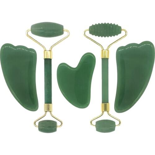 Aventurine Jade Roller Slimming Face Massager Natural Gouache Jade Facial Massage Roller Gouache Scraper Guasha Massage Tool Set