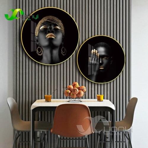 Black African Nude Woman Round Circle Aluminum Alloy Framed Canvas Painting Wall Art Pictures For Living Room Home Cuadros Decor