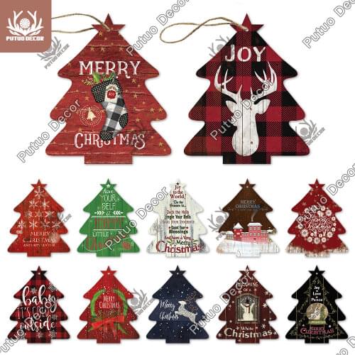 Putuo Decor Christmas Wooden Tree Sign Decorative Plaque for Christmas Ornament Xmas Tree Decoration 2020 New Years Navidad Gift