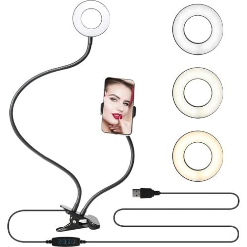 Flexible Desk Mobile Phone Holder Monopod Mount Bracket with LED Ring Flash Light Lamp Tabletop Stand Tripods for Video Bloggers