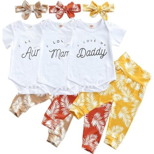 3Pcs Baby Clothes Summer Outfits Letters Short Sleeve Romper Leaf Print Pants Headband For Toddler Girls Childrens Clothing Set