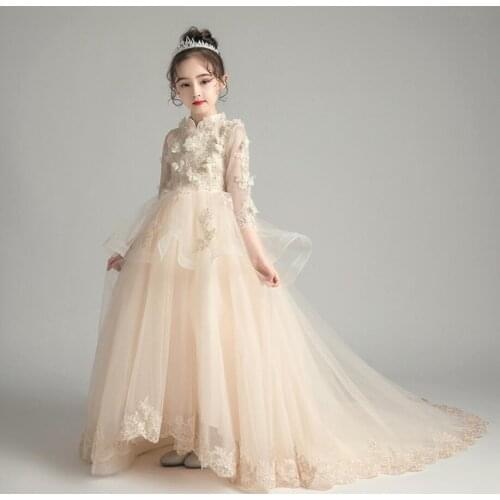 Appliques Tulle Beads Lace Princess Dress Kids Girl Wedding Birthday Party Long Trailing Ball Gown Flower Girls Evening Costume