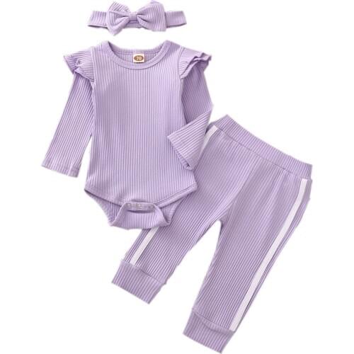 0-18M Baby Girls Winter Autumn Clothes Solid Long Sleeve Knitting Romper Top Jogger Pants Headband 3-Piece Clothes Sets