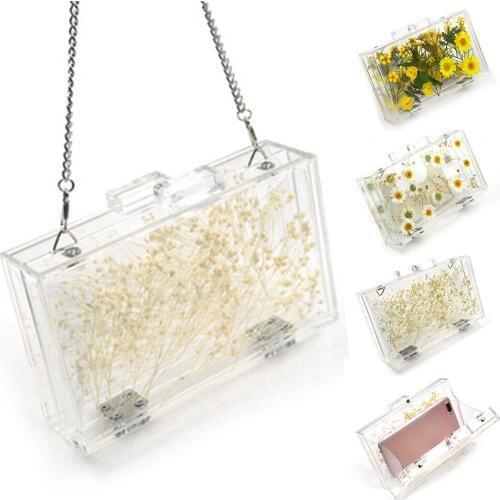 Newest Women Evening Bags Flower Wedding Party Handbag Crossbody Clear Hard Transparent Chain Bag TY66