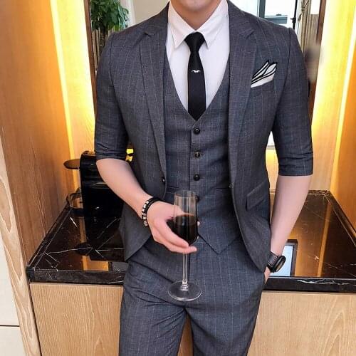2021 New Summer Single Breasted Suit Men Business Casual Half Sleeves Stripe Slim Fit Blazer Wedding Dress Jacket Pants Vest Set