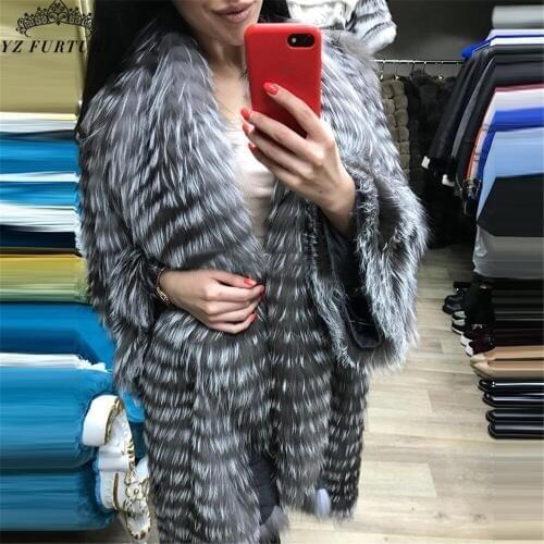 New Real Fox Fur Coats Genuine Sliver Fox Fur Thick Female Jacket V-Neck Fashion Long Winter Women Real Fur Coat Luxury FC-142