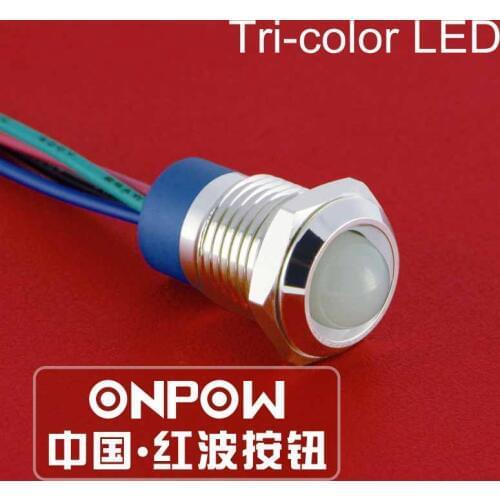 ONPOW 12mm Waterproof IP67 Domed Tri-color RGB Pilot lamp 6V, 12V, 24V LED Indicator light (GQ12G-D/Y/RGB/S)