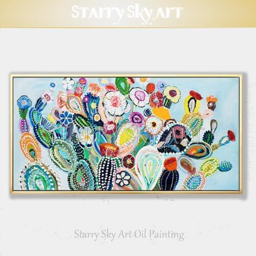 Pop Fine Art Hand-painted Contemporary Art Cactus Oil Painting on Canvas Colorful Knife Painting Flower Pictures Cactus Painting