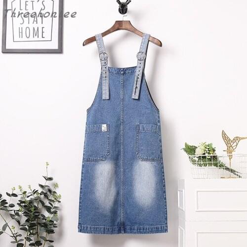 Plus Size Summer 2021 Letter Embroidery Women Denim Strap Dresses Big Pockets Loose Casual Midi Straight Female Dress Vestidos