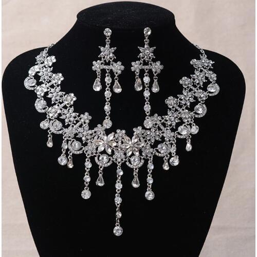 Luxury Silver Color Crystal Flowers Bridal Jewelry Set For Women Statement Necklace Earring Rhinestone Tiara Wedding Accessories