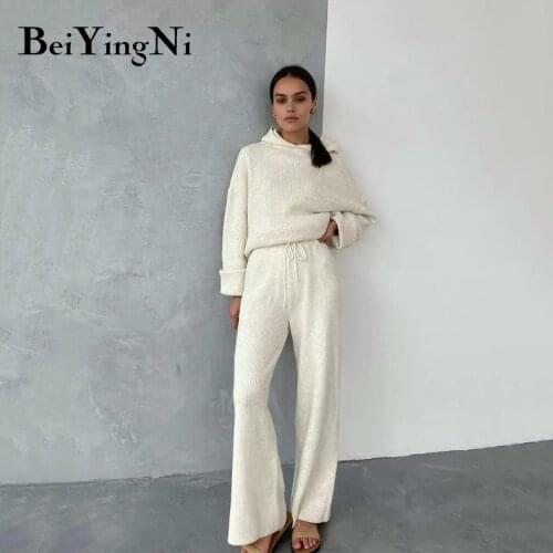 Beiyingni 2021 Tracksuit Women Knitted Sweaters And Wide Pants Loose Oversized Two Piece Set Female Casual Hooded Outfits Suits