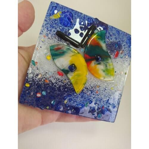 Butterfly Glass Tile 10*10 cm Fused Glass Art Turkish Handmade Special Design Home Decor Made in Turkey