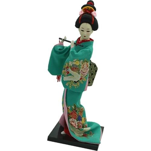 Traditional Japanese Standing Geisha Doll Model Kimono Doll Vintage Decor Doll Wearing Green Clothes & Flute