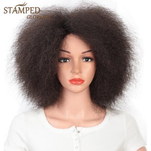 Stamped Glorious Black Yaki Straight Short Wig Synthetic Afro Wig for Black Women Heat Resistant Fiber Cosplay Wig