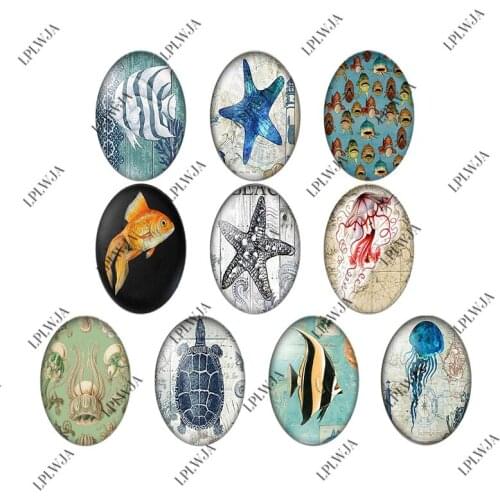 LPLWJA Vintage Starfish Turtle Jellyfish Fish Oval Shape Glass Cabochon Mixed Photo Flatback Demo Flat Back Jewelry Findings