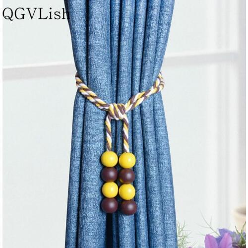 QGVLish 2Pcs Wood Ball Beads Curtain Tiebacks Strap Hanging Belt Curtain Accessories Hooks Buckle Holder Bind Clips Home Decor