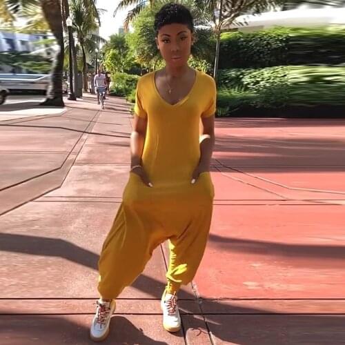Yellow Army Green Casual Loose Rompers Womens Jumpsuit Deep V Neck Short Sleeve One Piece Overall Summer Side Pocket Bodysuits