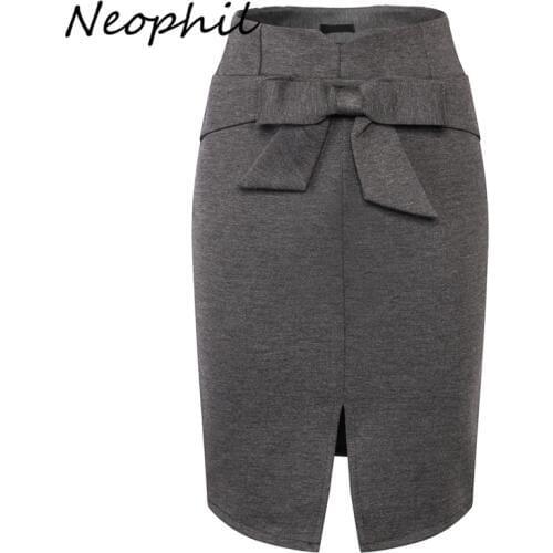 Neophil 2020 Winter Ladies Midi Pencil Skirts Women Plus Size 5XL Slim Front Split Bow High Waist Office Work Black Skirt S1112