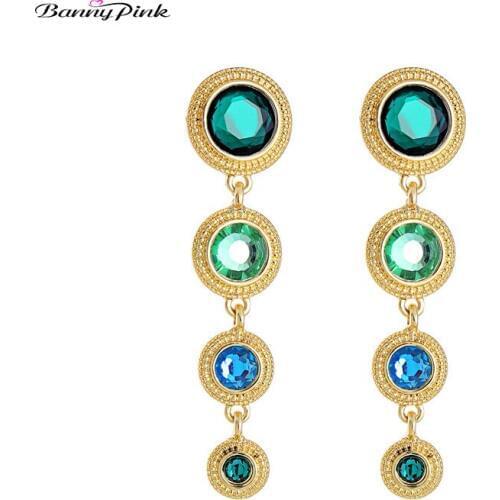 Banny Pink Shiny Crystal Round Statement Pendant Studs Earrings For Women Long Pattern Metal Geo Post Party Earrings Brincos