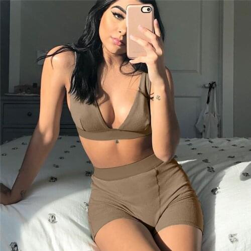 Casual Sporty Sleeveless V-Neck Sexy Crop Tank Top Biker Shorts 2 Piece Set Summer Women Fashion Streetwear Tracksuit