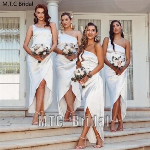 White One Shoulder Long Bridesmaid Dresses Shiny Satin Straight Elegant Wedding Guest Dress Customize Women Formal Party Gowns