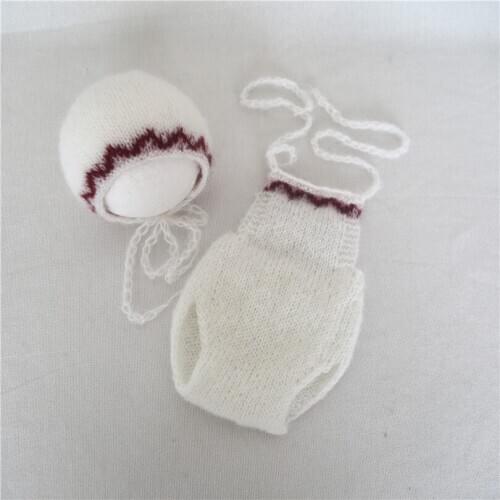 White Newborn Girl Romper Hat Set Photo Props Handknit Mohair Outfit Fluffy Overall Photography Props