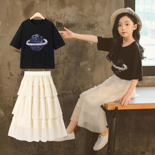 DFXD Summer Girls 2pcs Set Fashion Short Sleeve Sequin T-shirt+Long Mesh Cake Skirt Princess Children Clothing Set For 5-14Yrs