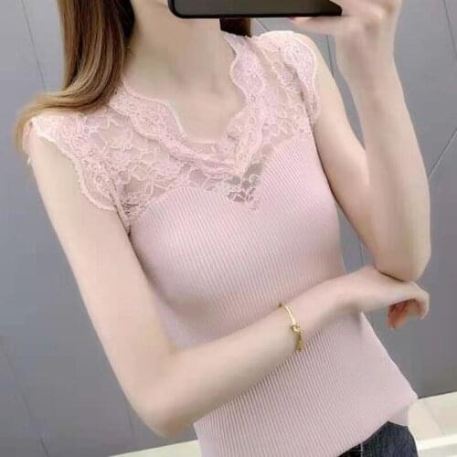 Elegant Women Lace Patchwork T Shirt Summer Sleeveless Solid Color Ladies Sexy T Shirt V Neck Fashion Tops