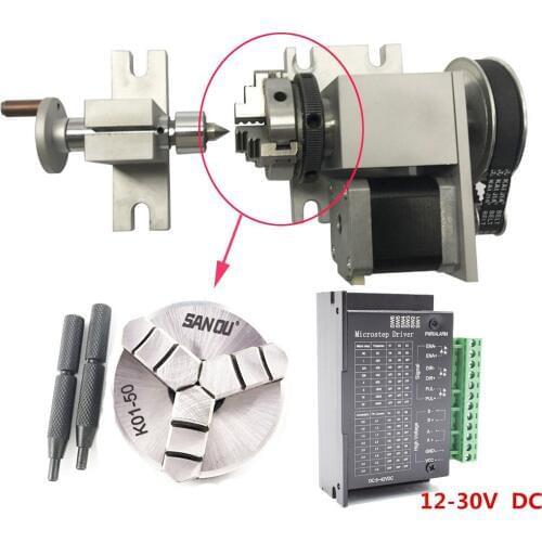CNC Rotary Axis Dividing Head+ Tailstock+ Stepper Driver 4th Axis K01-50 3-Jaw 50mm Chuck for Mini Woodworking CNC1520 Router