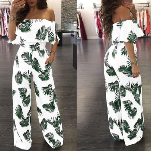 Vintage Boho Beach Jumpsuit Women Casual Off Shoulder Floral Leaf Printed Elegant Loose Party Night Playsuit Mono Mujer