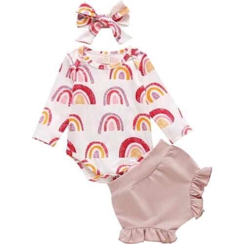 3Pcs Newborn Baby Girls Sets Long Sleeve O Neck Print Romper High Waist Shorts Bow Headband Infant Toddler Autumn Outfits 0-18M