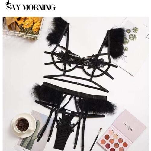 SAY MORNING new womens eyelashes lace garter underwear set mesh see-through small flying sleeve bra thong erotic lingerie
