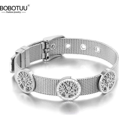 BOBOTUU Original Design CZ Crystal Tree Charm Bracelets Jewelry For Women Rose Gold Stainless Steel Adjustable Bracelet BB19095