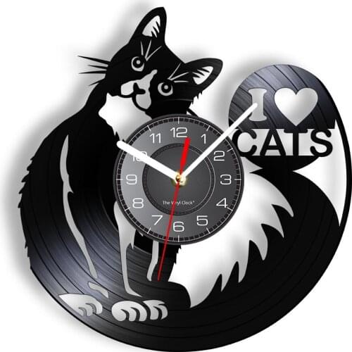 I Love Cats Wall Clock Made Of Real Vinyl Record Lovely Gentle Kitty Longplay Record Wall Watch Bedroom Decor For Cat Lovers