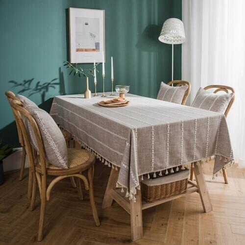 Solid Embroidery Striped Design Tablecloth with Tassel Rectangle Table Cover for Dinning Tabletop Buffet Decor