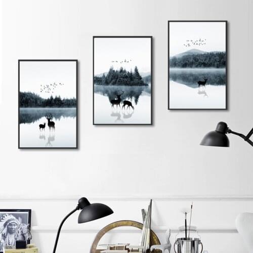 Nordic Style Forest Lake Water Bird Elk Nature Landscape Canvas Painting Minimalism Poster And Print For Living Room Home Decor