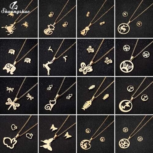 Shuangshuo Simple Fashion Animal Stainless Steel Jewelry Sets Lovely Cat Pendant Necklace Earrings for Women Birthday Gift