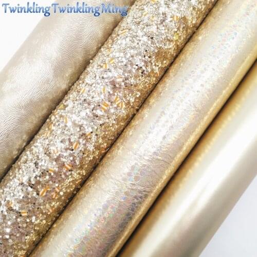 GOLD Glitter Fabric, Iridescent Faux Leather Fabric, Synthetic Leather Fabric Sheets For Bow A4 8"x11" Twinkling Ming XM341