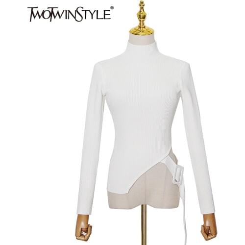 TWOTWINSTYLE White Irregular Knitted Tops For Women Turtleneck Long Sleeve Tunic Solid Sweater Female 2020 Fashion New Clothing