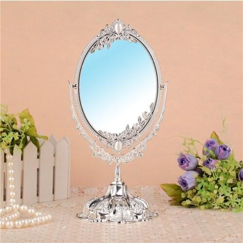 Vintage Double Face Retro Bronze Alloy Metal Table Makeup Dresser Desktop Decorative Mirror Embossed Frame Makeup Tool