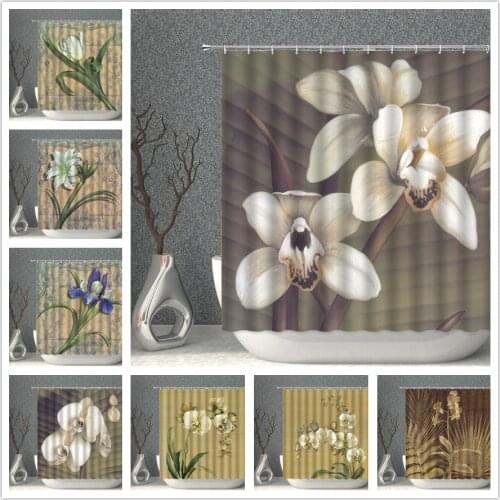 Retro Flower Shower Curtain Set Art Painting Brown Bath Curtains Waterproof Fabric Old Style Beige Bathroom Screen Bathtub Decor