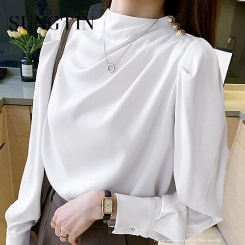 Sungtin Vintage Lantern Sleeve Satin Office Lady White Blouse Women Korean Elegant Design Style Shirts Female Chic Tops 2021 New